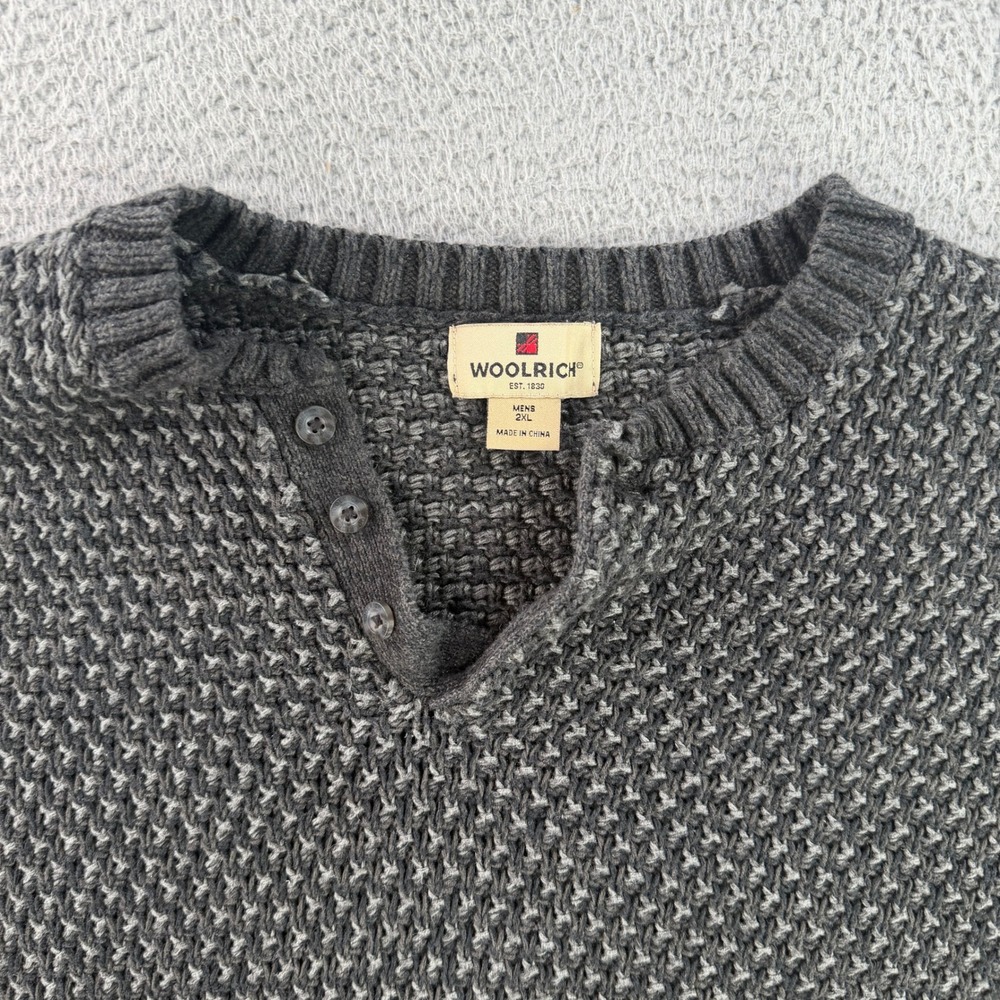 Woolrich Henley Sweater Mens 2XL Graphite Gray Waffle Knit Cotton Ramie VTG‎